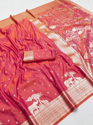 Orange silk blend printed saree with zari work 2