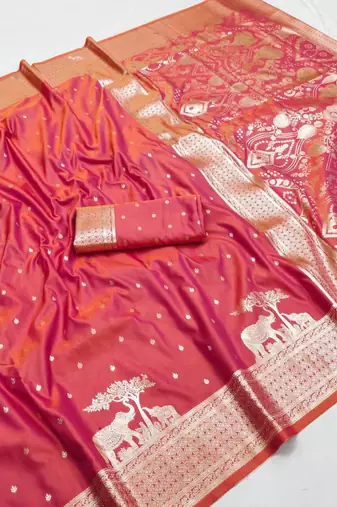 Orange silk blend printed saree with zari work