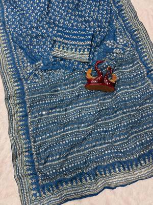 Teal georgette embroidered saree with mirror work 2
