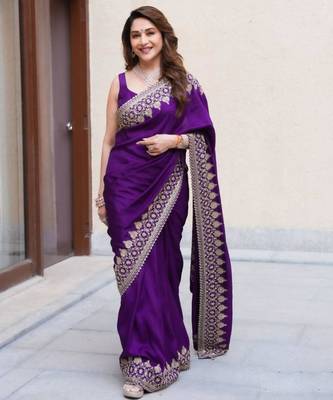 Purple silk blend embroidered saree with thread work 1