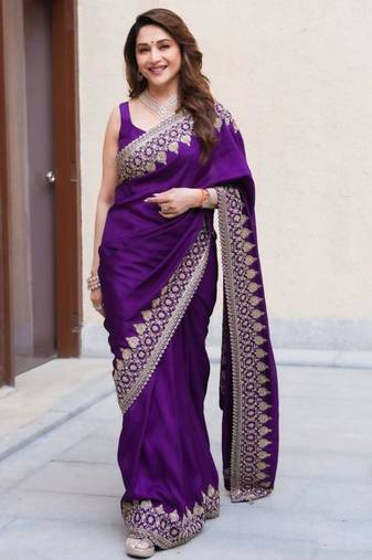 Purple silk blend embroidered saree with thread work