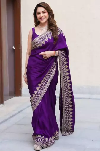 Purple silk blend embroidered saree with thread work