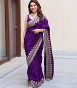 Purple silk blend embroidered saree with thread work