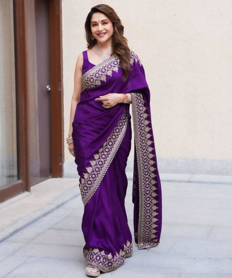 Purple silk blend embroidered saree with thread work