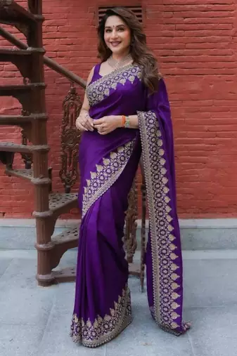 Purple silk blend embroidered saree with thread work