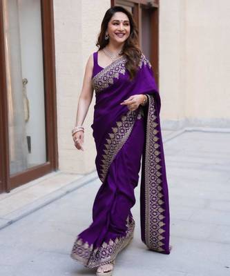 Purple silk blend embroidered saree with thread work 4