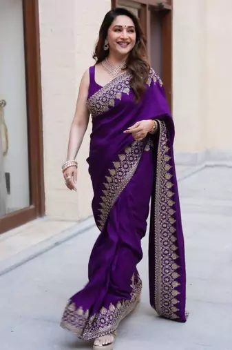 Purple silk blend embroidered saree with thread work