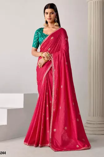 Red tissue embroidered saree with thread work