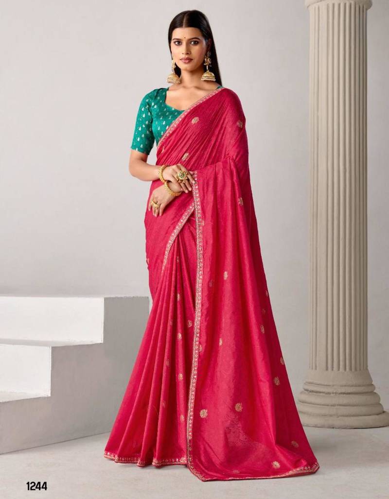 Red tissue embroidered saree with thread work
