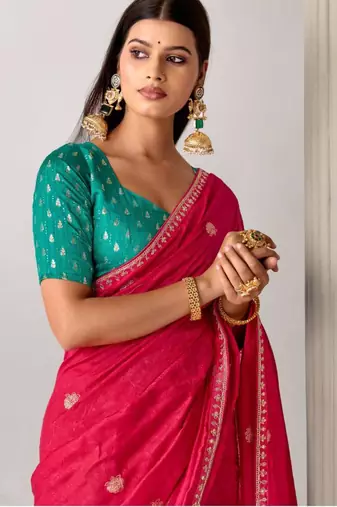 Red tissue embroidered saree with thread work