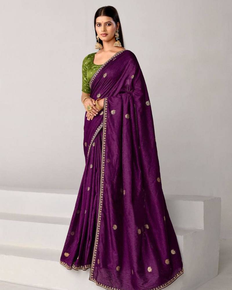 Purple tissue embroidered saree with thread work