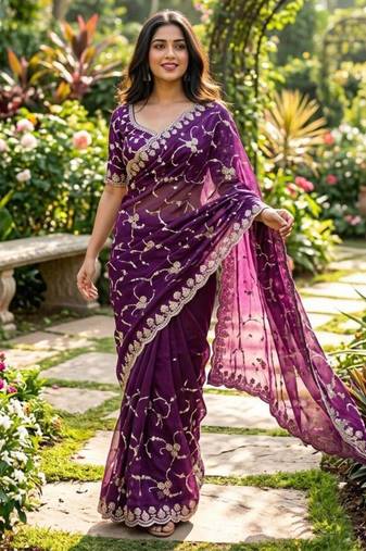 Purple silk blend embroidered saree with sequins work