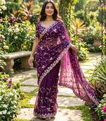 Purple silk blend embroidered saree with sequins work