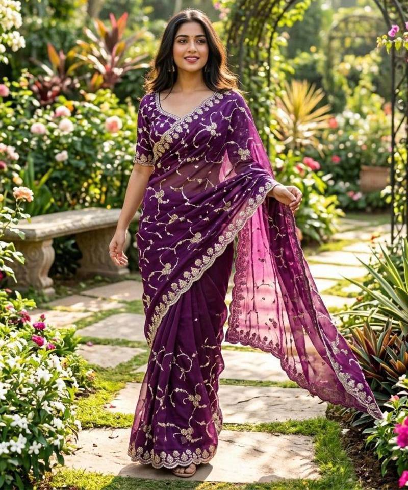 Purple silk blend embroidered saree with sequins work