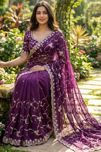 Purple silk blend embroidered saree with sequins work