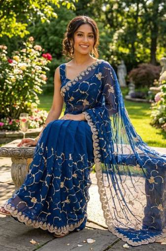 Royal blue silk blend embroidered saree with sequins work