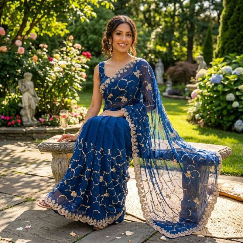 Royal blue silk blend embroidered saree with sequins work