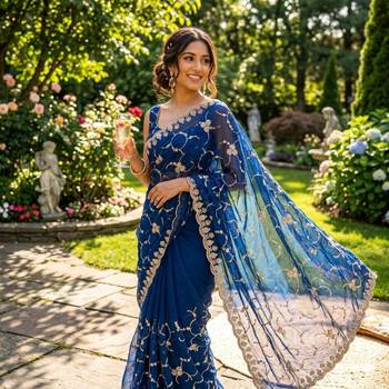 Royal blue silk blend embroidered saree with sequins work 2