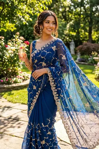 Royal blue silk blend embroidered saree with sequins work