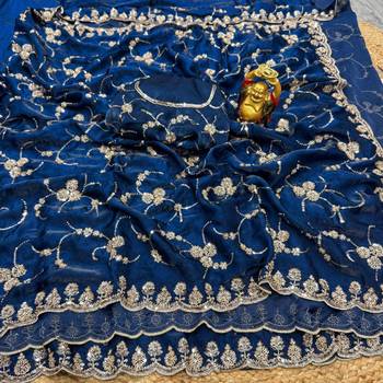 Royal blue silk blend embroidered saree with sequins work 3