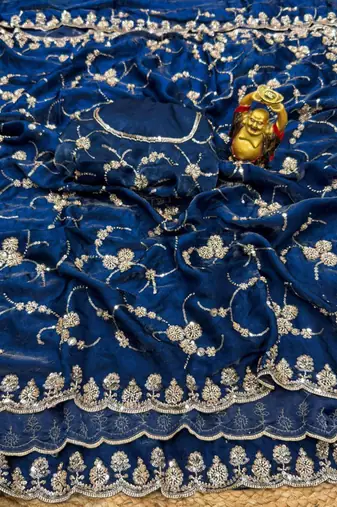 Royal blue silk blend embroidered saree with sequins work