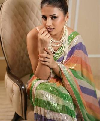Multicolor silk blend printed saree with sequins work 3
