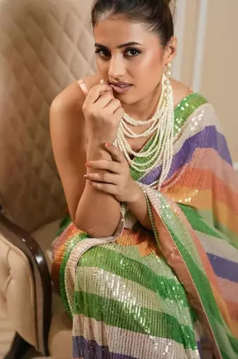 Multicolor silk blend printed saree with sequins work