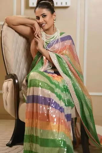 Multicolor silk blend printed saree with sequins work