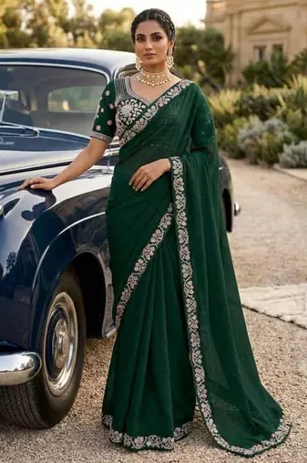 Green satin embroidered saree with sequins work