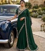 Green satin embroidered saree with sequins work