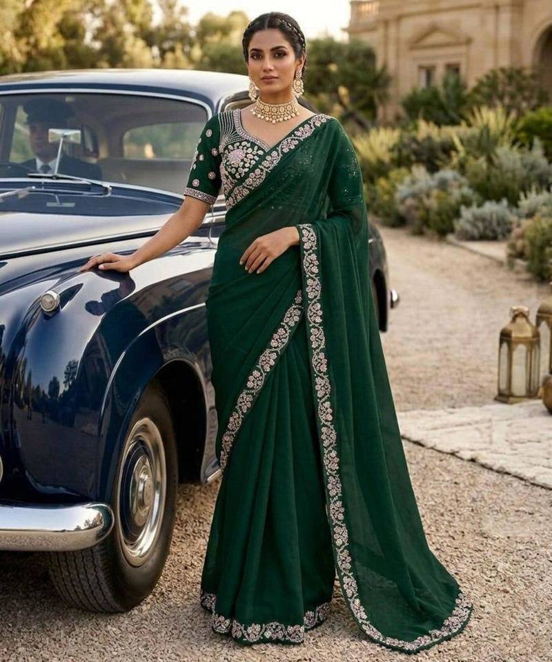 Green satin embroidered saree with sequins work