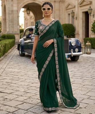Green satin embroidered saree with sequins work 2