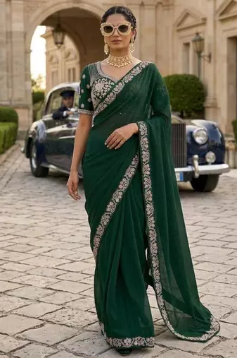 Green satin embroidered saree with sequins work