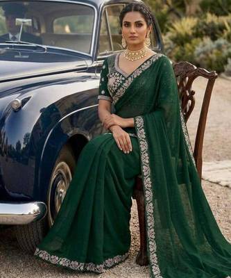 Green satin embroidered saree with sequins work 3