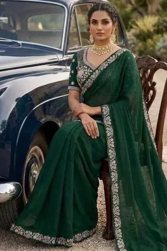 Green satin embroidered saree with sequins work
