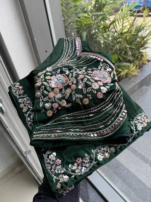 Green satin embroidered saree with sequins work 4