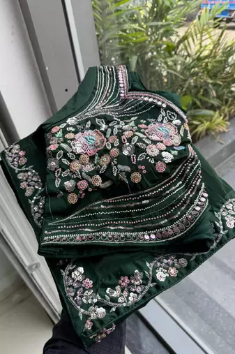 Green satin embroidered saree with sequins work