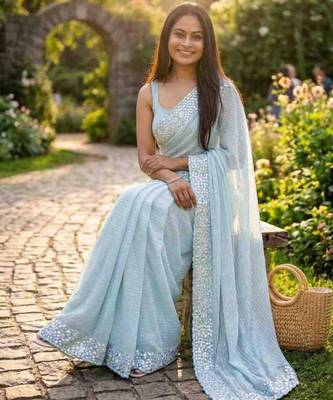 Sky blue georgette embroidered saree with sequins work 2