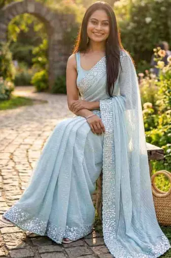 Sky blue georgette embroidered saree with sequins work