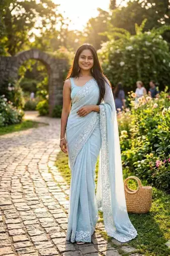 Sky blue georgette embroidered saree with sequins work