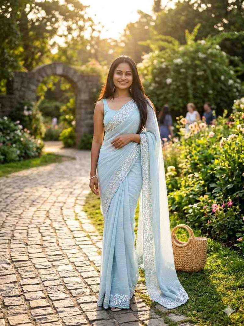 Sky blue georgette embroidered saree with sequins work