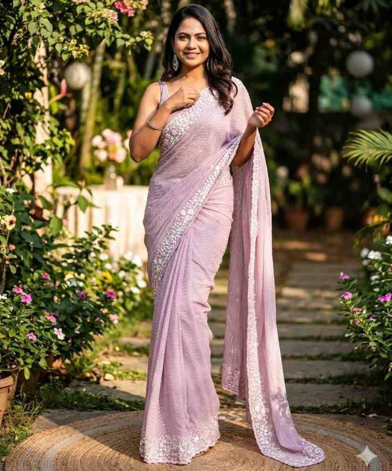 Lavender georgette embroidered saree with sequins work