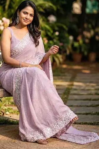 Lavender georgette embroidered saree with sequins work