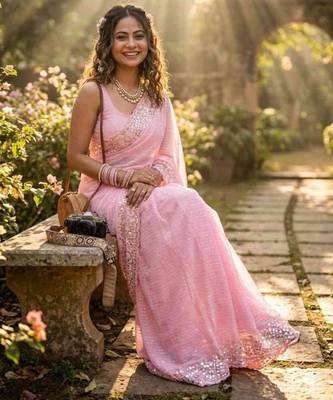 Baby pink georgette embroidered saree with sequins work 2