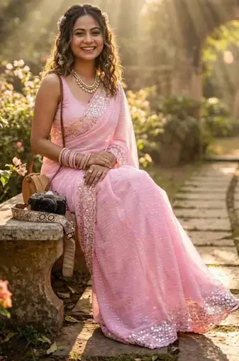 Baby pink georgette embroidered saree with sequins work