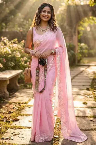 Baby pink georgette embroidered saree with sequins work