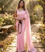 Baby pink georgette embroidered saree with sequins work