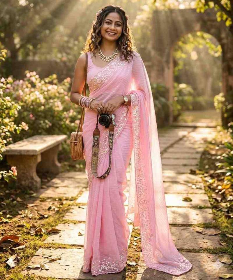 Baby pink georgette embroidered saree with sequins work