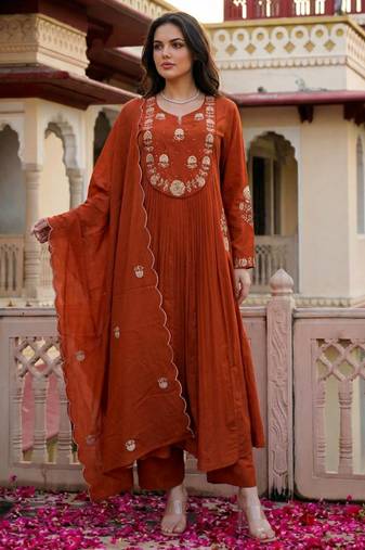Women rust orange chanderi silk embroidered kurta pant set with organza dupatta