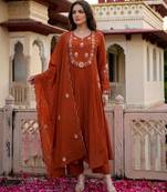 Women rust orange chanderi silk embroidered kurta pant set with organza dupatta